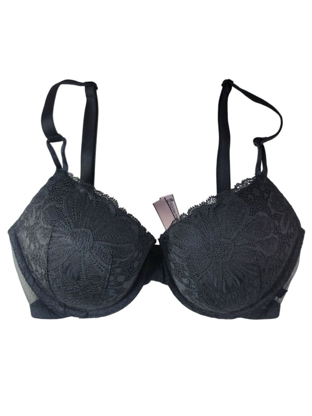 Victoria's Secret Lined Demi Bra Black 32DD Adj Mesh Wing Underwire Lace Overlay
